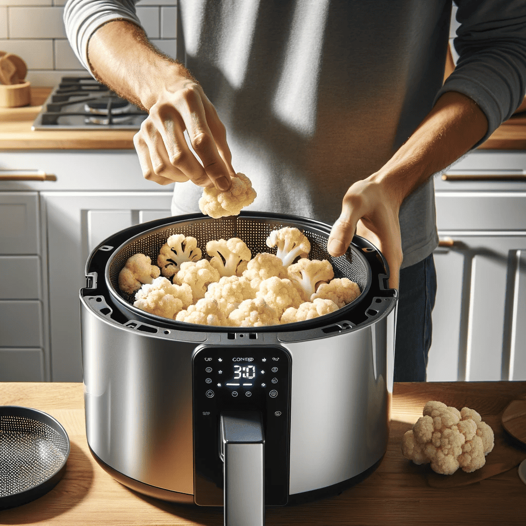 Modern kitchen scene with a person placing coated cauliflower florets in an air fryer basket, highlighting the process of air frying for Crispy Air-Fried Tso's Cauliflower Delight.