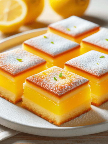 The image depicts the freshly baked lemon square dessert, cut into neat squares on a white plate, dusted with powdered sugar. The dessert showcases a golden brown crust and a bright yellow, smooth lemon filling, set on a wooden table with a light background.