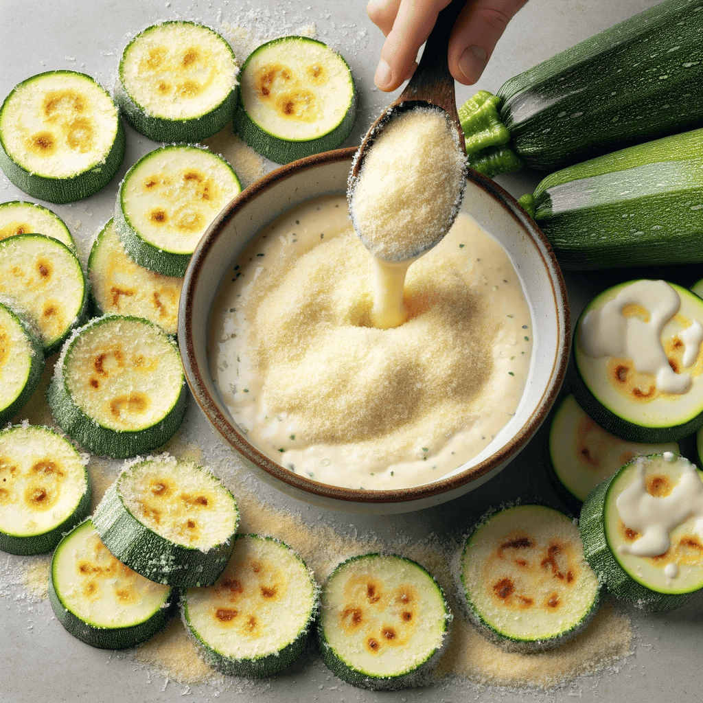 Here, several zucchini rounds are being dipped into the Parmesan mixture, ensuring an even coat for each piece.