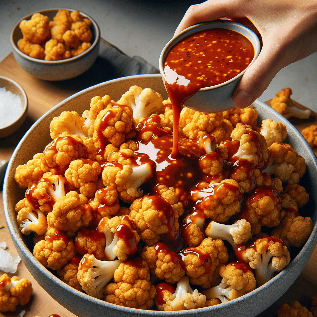 A bowl where air-fried cauliflower is being tossed with General Tso's sauce, showcasing the final combining step of the recipe.