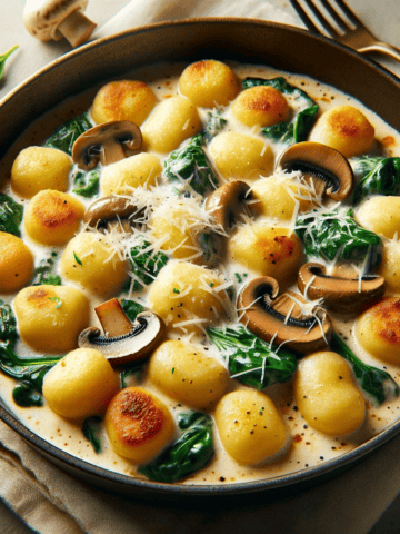 It features golden, crispy gnocchi in a creamy sauce with sautéed mushrooms and wilted spinach, beautifully garnished with grated Parmesan cheese and chopped parsley.