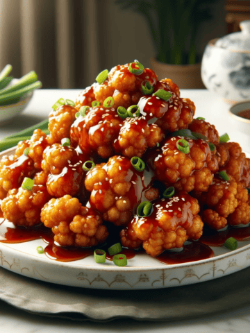 A beautifully plated dish of Crispy Air-Fried Tso's Cauliflower Delight, with golden brown and crispy cauliflower coated in a glossy Tso's sauce, garnished with green onions and sesame seeds, presented on an elegant white plate.