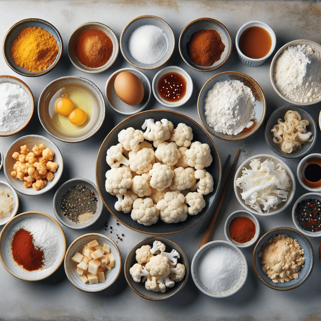 All ingredients for Crispy Air-Fried Tso's Cauliflower Delight arranged on a kitchen counter, including cauliflower florets, various spices, sauces, and seasonings, each in separate bowls, showcasing variety and freshness.