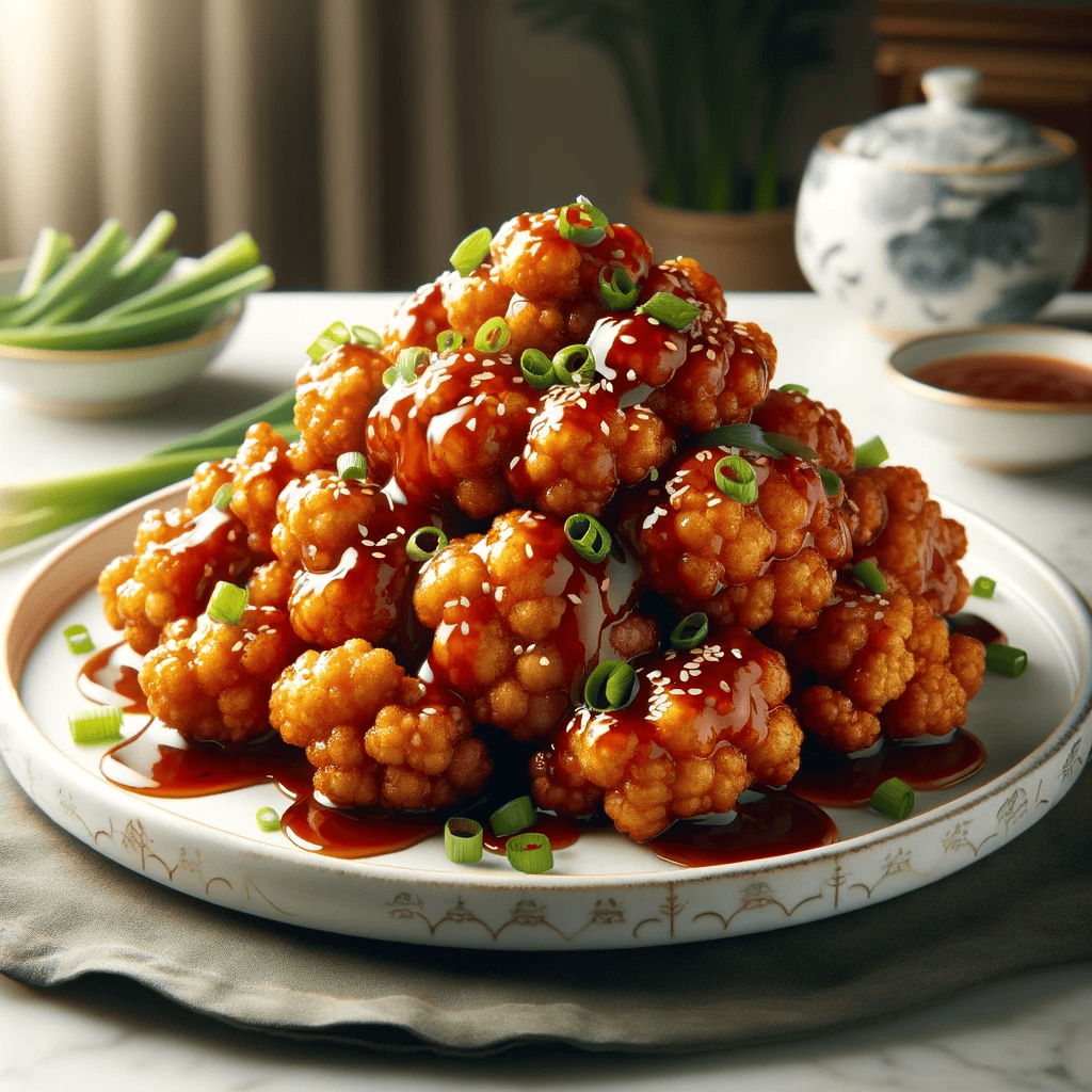 A beautifully plated dish of Crispy Air-Fried Tso's Cauliflower Delight, with golden brown and crispy cauliflower coated in a glossy Tso's sauce, garnished with green onions and sesame seeds, presented on an elegant white plate.