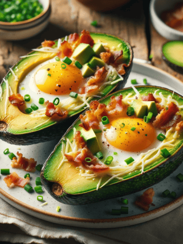 The image shows the completed "Crispy Avocado Egg Boats - Air Fryer Special", elegantly presented on a white plate against a rustic wooden table background. The avocados are cut in half with baked eggs in the center, garnished with chopped chives, shredded cheese, and crumbled bacon, creating a visually appealing and appetizing breakfast meal.