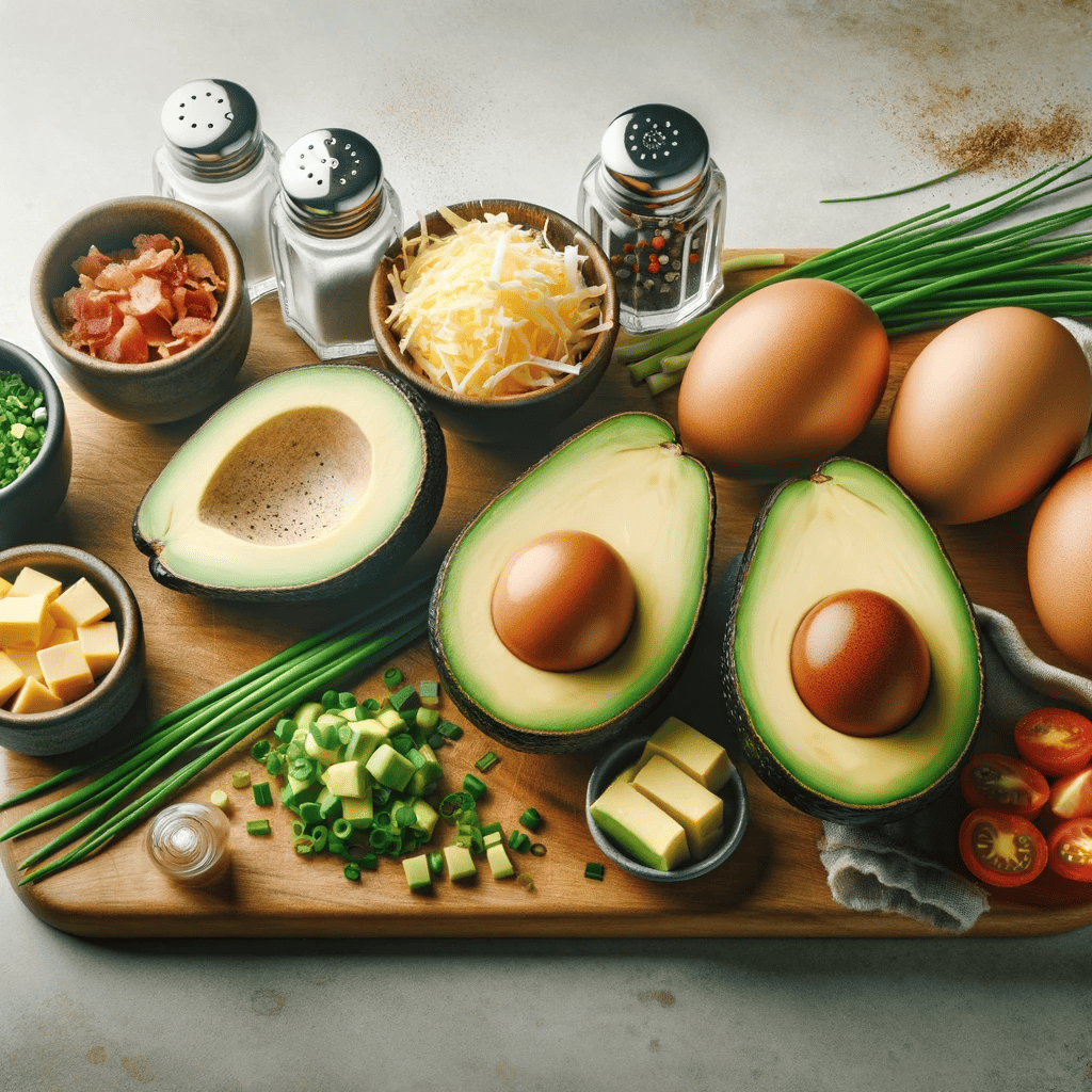 This image displays the ingredients for the recipe arranged neatly on a kitchen counter. It includes ripe avocados, small eggs, a salt and pepper shaker, and optional garnishes like chopped chives, shredded cheese, diced tomatoes, and crumbled bacon, all set on a wooden cutting board, ready for preparation.