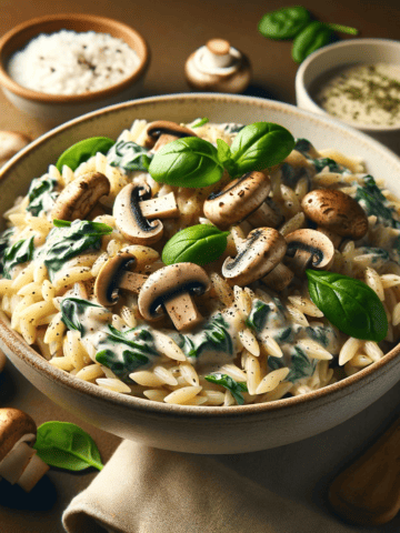 A skillet filled with creamy orzo pasta, mushrooms, spinach, garnished with fresh herbs, representing the completed 'Easy Creamy Orzo Delight: Mushroom & Spinach Fusion' dish.