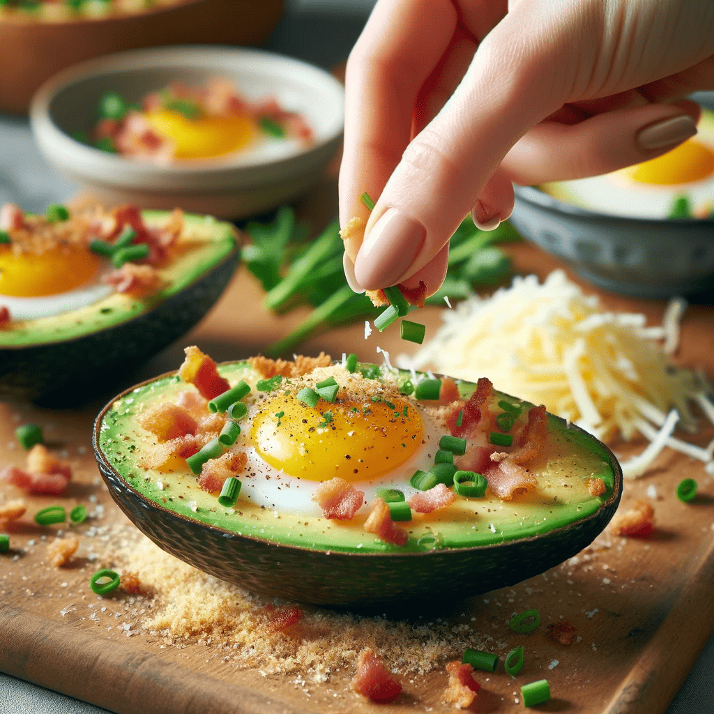 Garnishing the air-fried avocado egg boats with chopped chives and crumbled bacon, ready for serving.