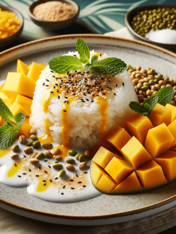 The image displays the beautifully presented Mango Sticky Rice Paradise. The sticky rice is garnished with sesame seeds, mung beans, and fresh mint leaves, drizzled with creamy coconut milk, and accompanied by vibrant mango slices. The dish is set against a tropical-themed background, enhancing its exotic appeal.