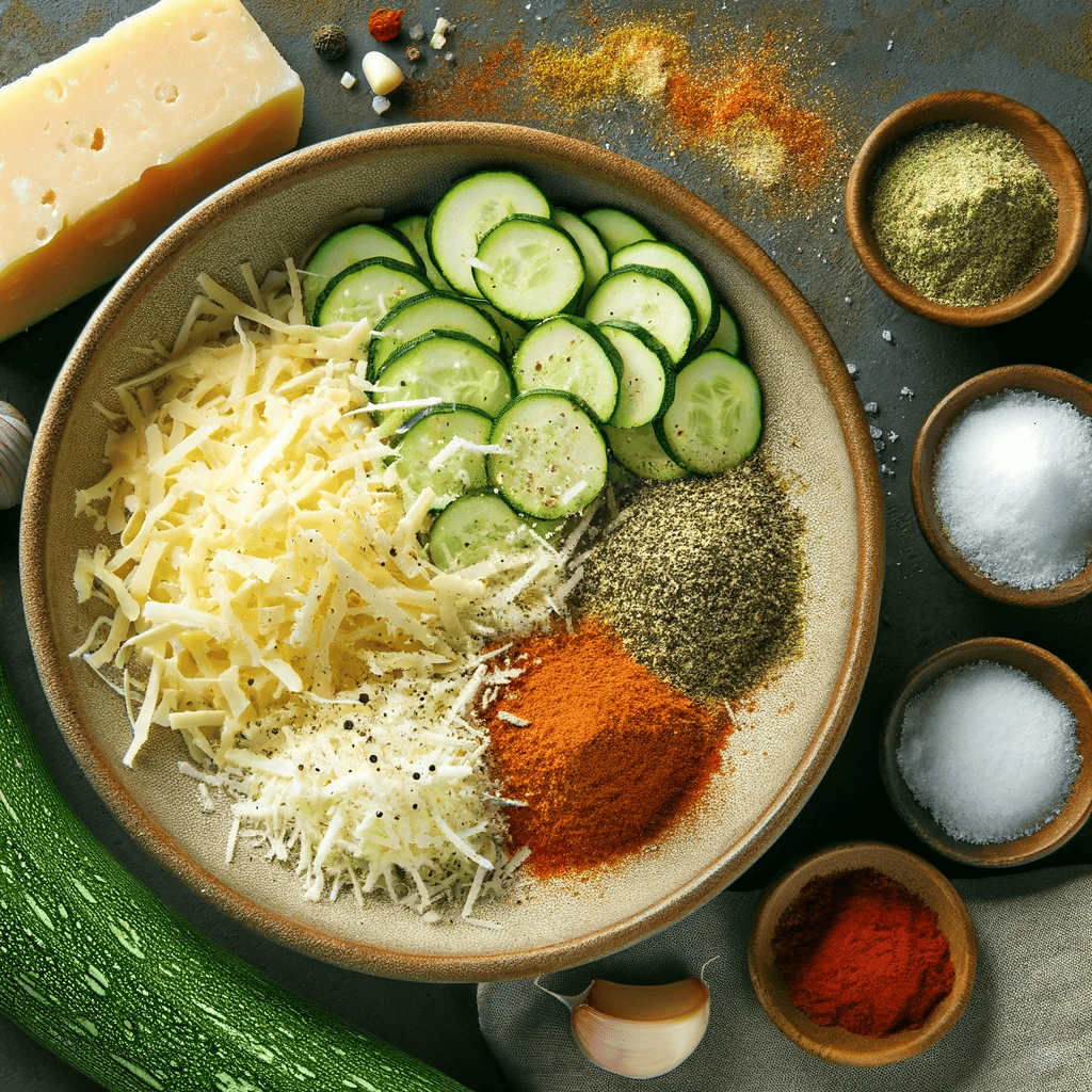 The image depicts a mixing bowl with Parmesan cheese, garlic powder, paprika, black pepper, and salt, ready to coat the zucchini rounds.