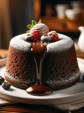 The image shows the completed Molten Midnight Chocolate Lava Cake. It's presented on a white plate, elegantly garnished with a dusting of powdered sugar and a few fresh berries. The cake has a rich, gooey chocolate center that's tantalizingly oozing out. The background sets a warm, cozy kitchen scene with soft lighting, enhancing the inviting appearance of the dessert.