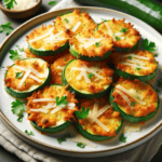 This image depicts the beautifully plated Parmesan Zucchini Crunchies. The zucchini rounds are golden brown and crispy, coated in a layer of melted Parmesan cheese and garnished with fresh parsley, presented on a white plate.