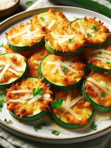 This image depicts the beautifully plated Parmesan Zucchini Crunchies. The zucchini rounds are golden brown and crispy, coated in a layer of melted Parmesan cheese and garnished with fresh parsley, presented on a white plate.