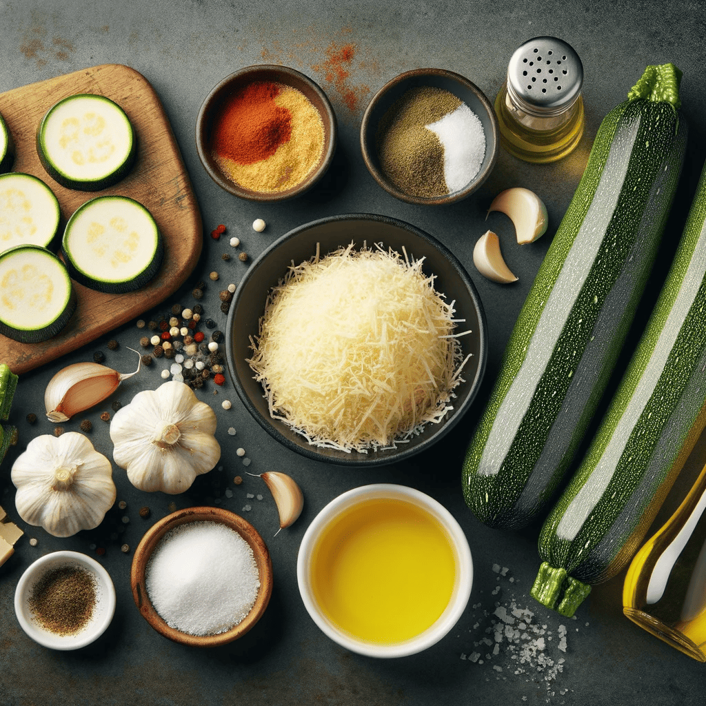 This image shows the ingredients for the Parmesan Zucchini Crunchies recipe laid out on a kitchen counter. Included are two medium zucchinis, grated Parmesan cheese, garlic powder, paprika, black pepper, salt, and olive oil spray, all neatly arranged to showcase everything needed for the recipe.