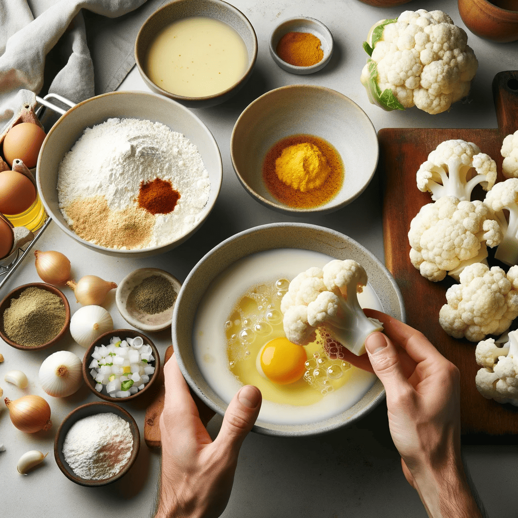 Kitchen scene showing the preparation of cauliflower for Crispy Air-Fried Tso's Cauliflower Delight, with cauliflower being washed, cut, dipped in egg, and coated with a seasoned flour mixture.