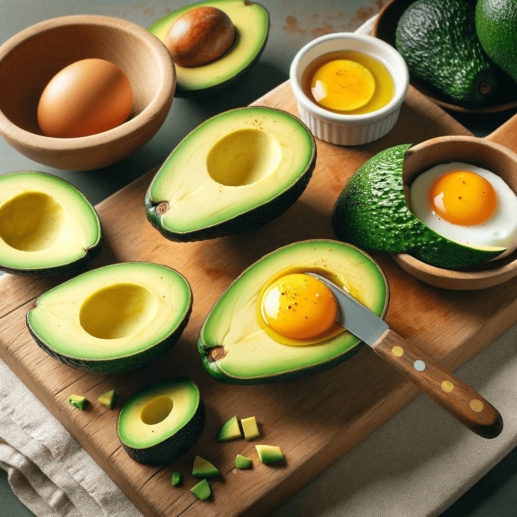 Two ripe avocados being cut in half and pitted on a wooden cutting board, with tools for scooping out the flesh