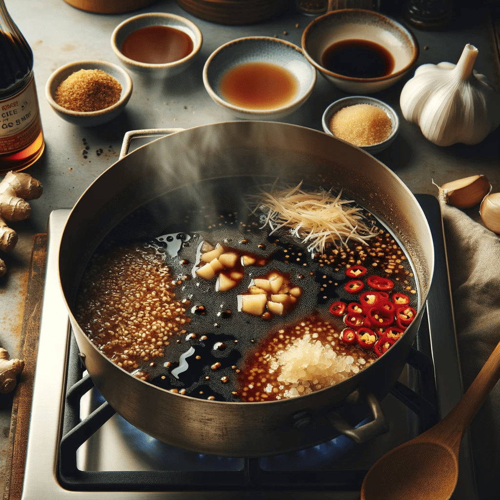 A saucepan on a stove with ingredients for General Tso's sauce being combined, emphasizing the homemade preparation of the flavorful sauce.