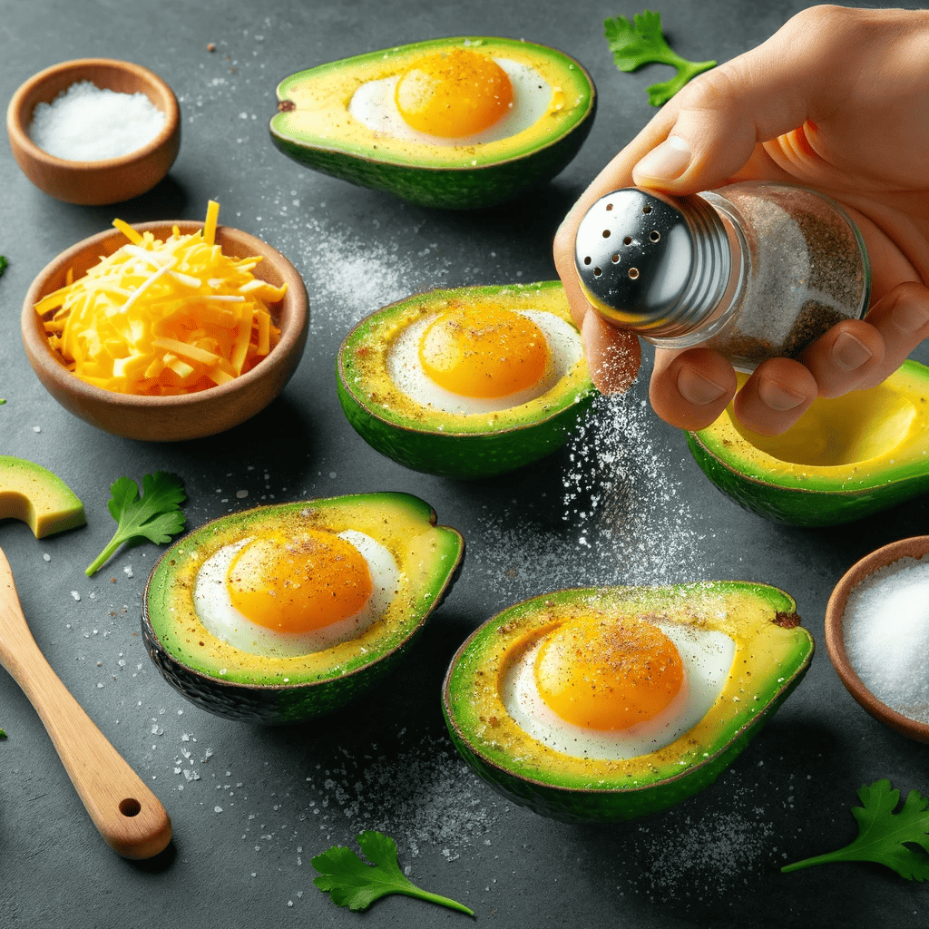 Seasoning prepared avocado halves with eggs using salt and pepper, with other garnishes visible