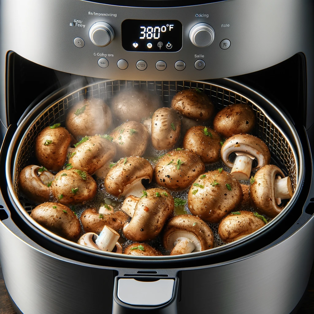 The air fryer basket filled with seasoned mushrooms, showing the golden browning of mushrooms halfway through cooking at 380°F with steam visible.