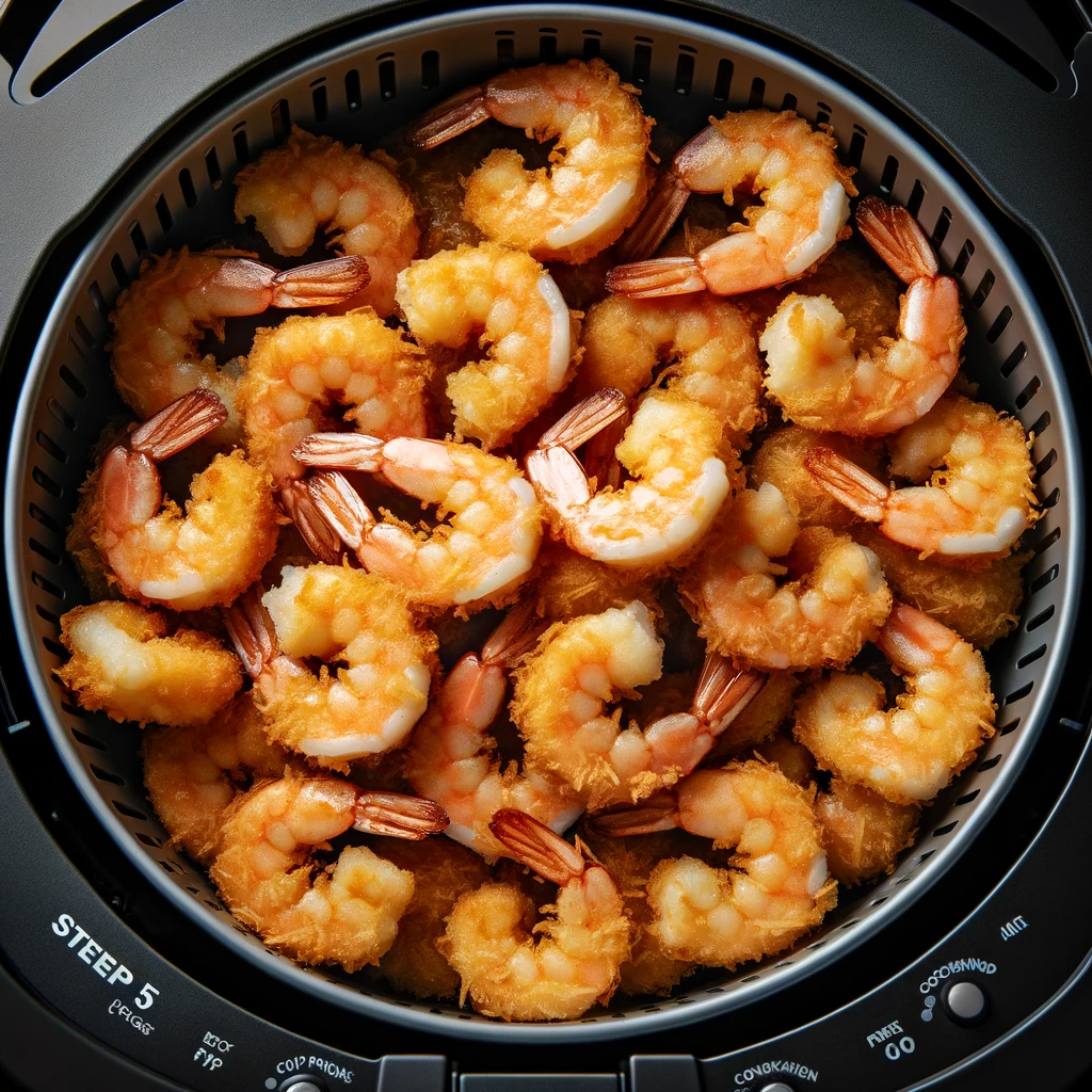 Capturing a basket of the air fryer filled with golden brown, crispy coconut shrimp arranged in a single layer.