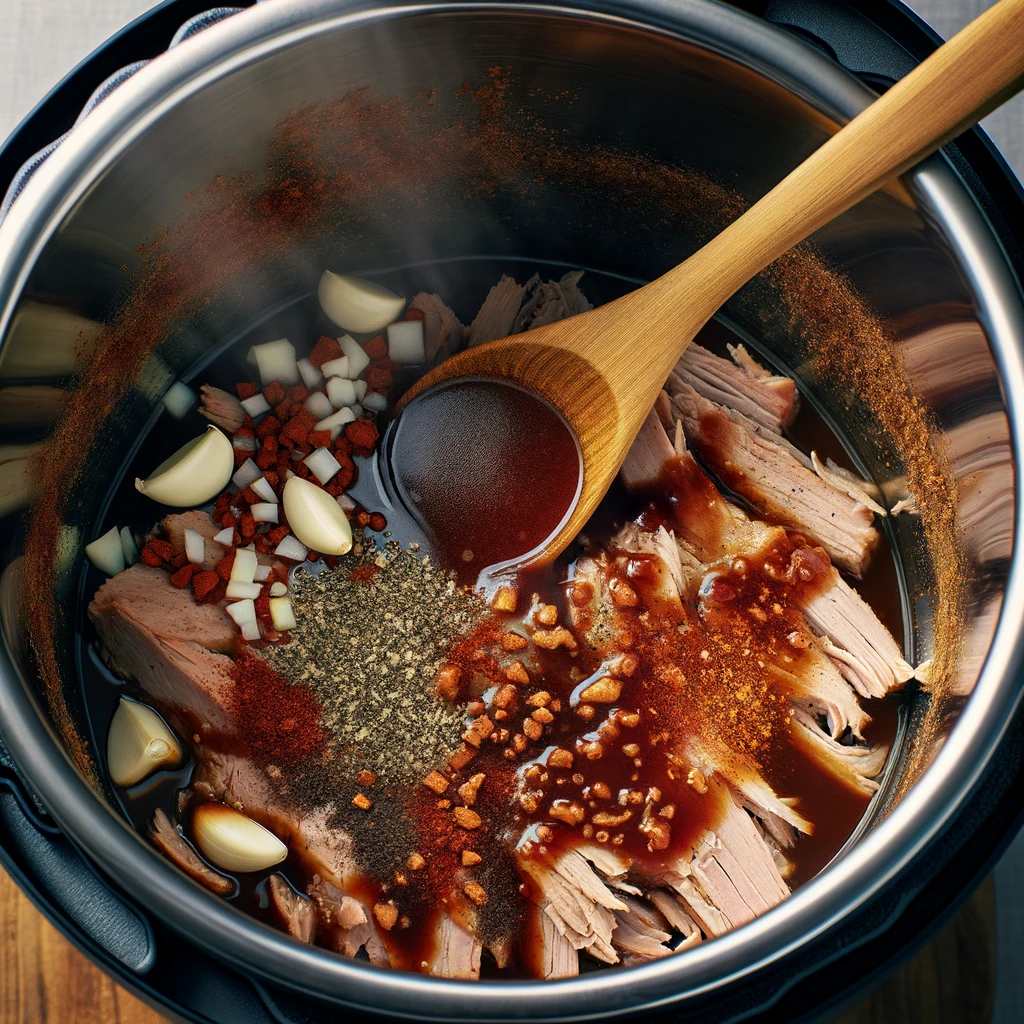 The Instant Pot with broth, BBQ sauce, and spices,