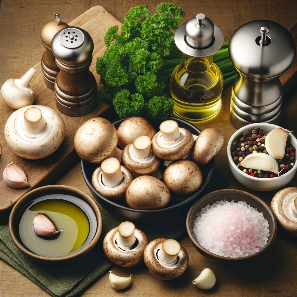 This image displays the ingredients for the recipe laid out on a kitchen counter, including button mushrooms, olive oil, minced garlic, salt and pepper grinders, and fresh parsley. The ingredients are arranged neatly on a wooden surface, ready for preparation.