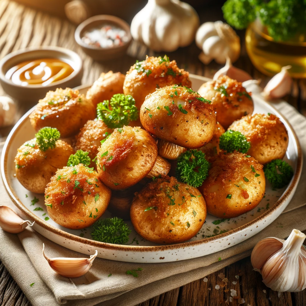 This image showcases the gourmet presentation of air fryer garlic mushrooms, beautifully garnished with fresh parsley on a rustic wooden table, highlighting the golden brown and crispy exterior with a hint of garlic visible, suggesting an elegant dining experience.