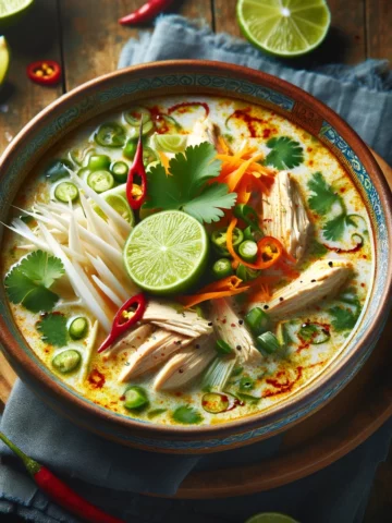 The first image showcases the finished dish of Coconut Chicken Soup, presenting a vibrant and inviting bowl filled with creamy coconut milk, tender chicken pieces, and a colorful assortment of herbs and spices, beautifully garnished to invite a taste of the tropics.