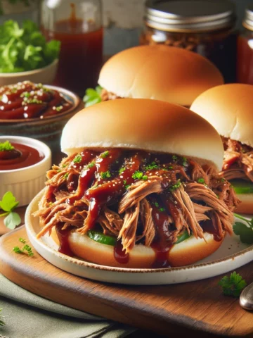 The image captures the deliciously prepared Instant Pot Magic Pulled Pork, served and ready to be enjoyed. It showcases the tender and juicy pork coated in a tangy BBQ sauce, presented on a white platter with soft buns and extra BBQ sauce on the side, garnished with fresh parsley.