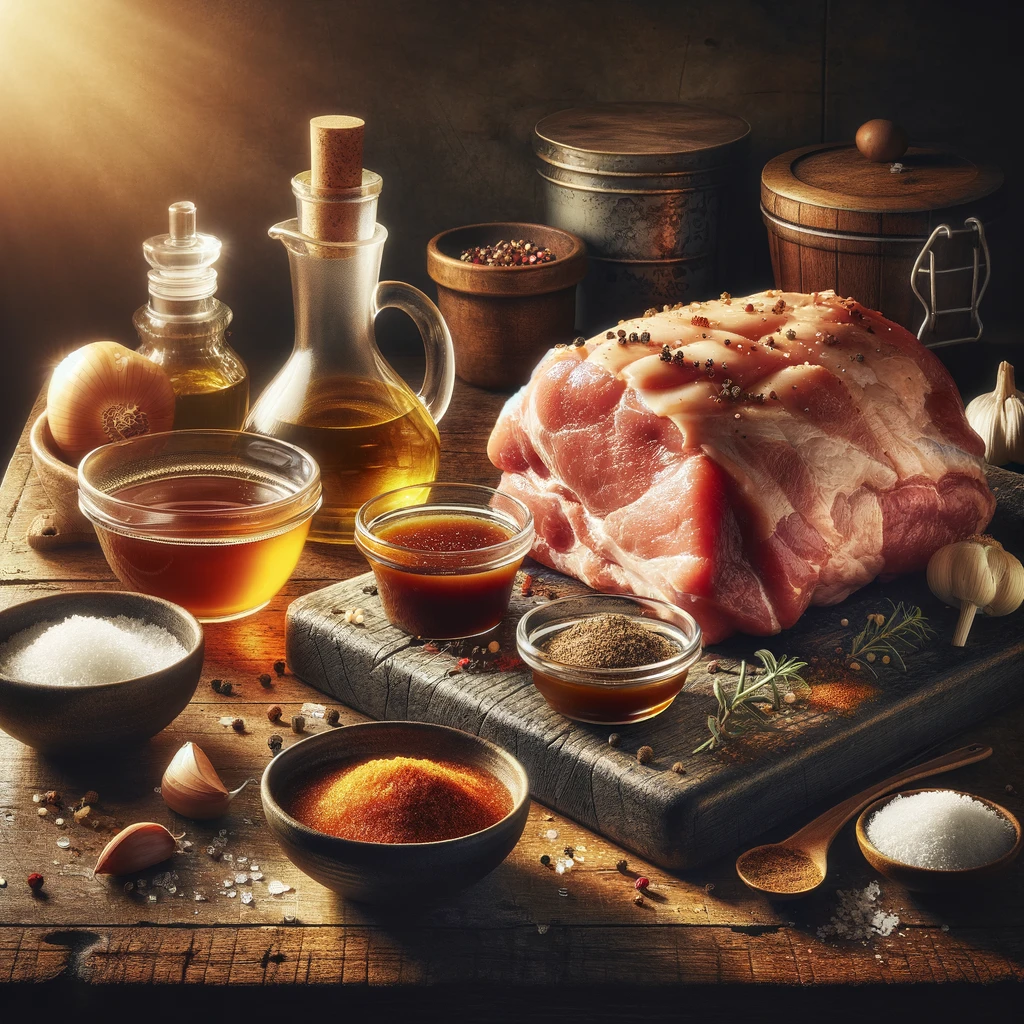 This image displays all the ingredients required for the Instant Pot Magic Pulled Pork recipe, neatly organized on a kitchen counter. It includes pork shoulder, BBQ sauce, chicken broth, apple cider vinegar, brown sugar, garlic cloves, smoked paprika, olive oil, salt, and pepper, each clearly visible and ready for cooking.