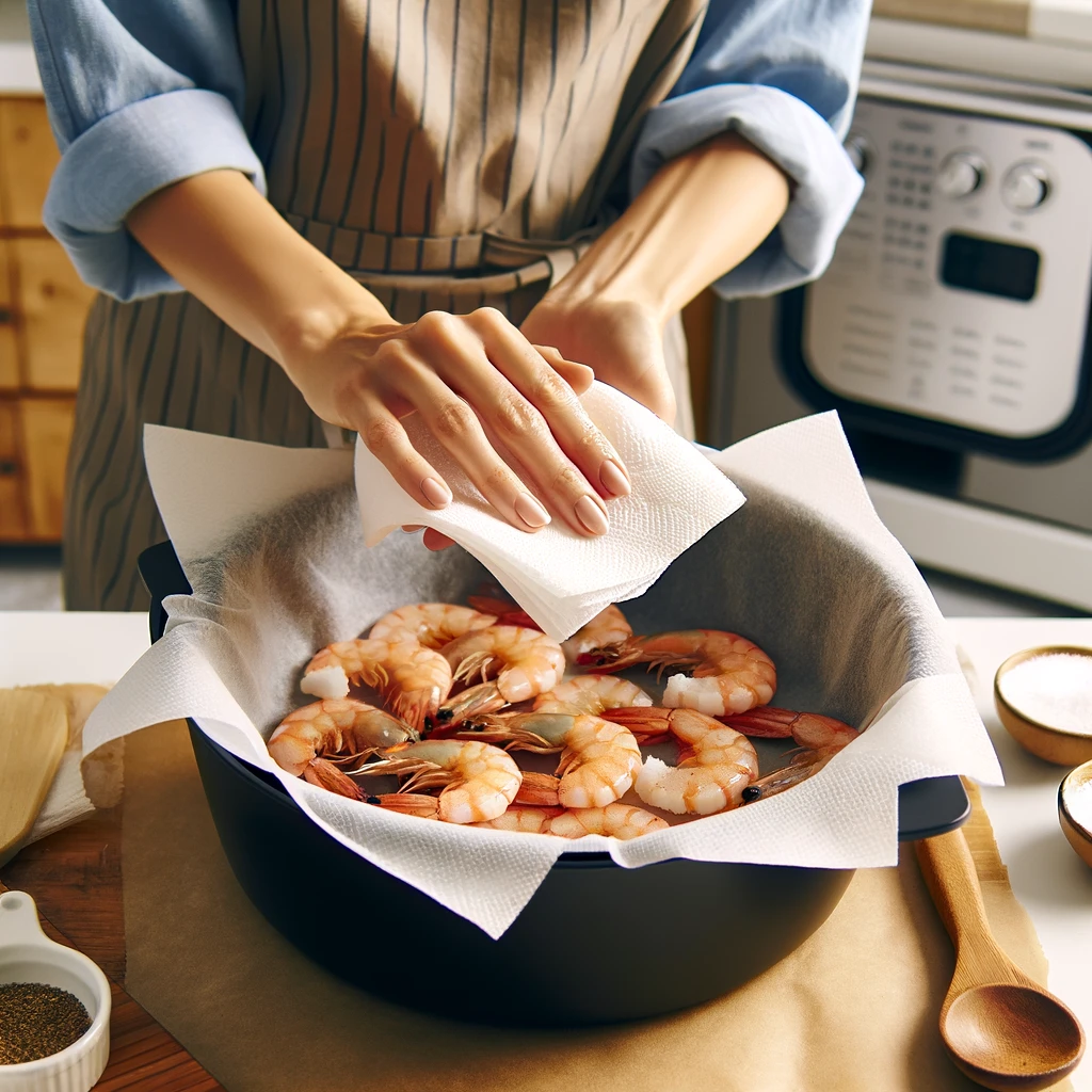 Showcasing large shrimp being carefully dried with paper towels on a kitchen counter.