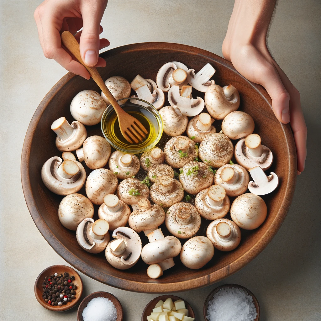 A large bowl with button mushrooms being tossed with olive oil, minced garlic, salt, and pepper, ensuring each mushroom is well-coated with the mixture.