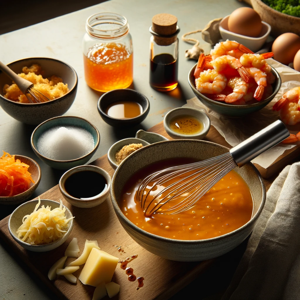 A cozy kitchen scene showing the preparation of the orange dipping sauce with ingredients being mixed in a small bowl.