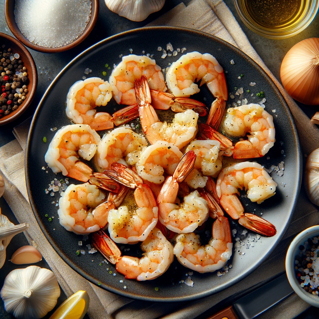 Seasoned shrimp ready for cooking, showcasing the initial preparation of flavoring the shrimp with salt and pepper.