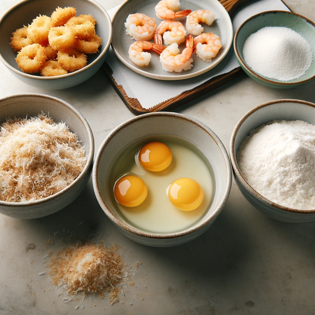 Featuring three shallow bowls on a counter with flour, beaten eggs, and a mix of panko breadcrumbs and coconut.