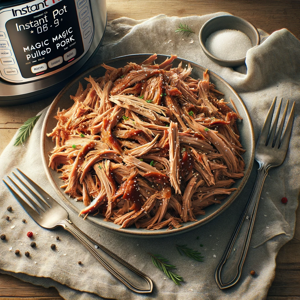 The cooked pork being shredded and served with BBQ sauce.