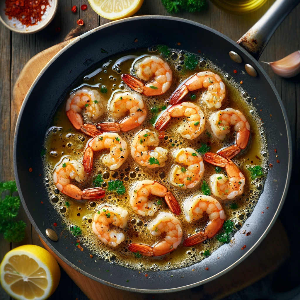Shrimp added to the skillet, illustrating the cooking process as they turn pink and opaque, soaking up the garlic butter sauce.