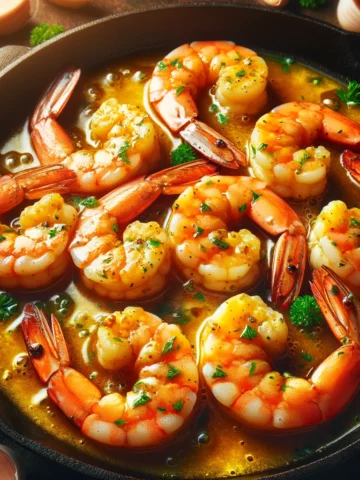 A vibrant and appetizing image showcasing the Sizzling Garlic Butter Shrimp served in a skillet, highlighting the succulent shrimp coated in a golden, buttery garlic sauce, garnished with freshly chopped parsley.