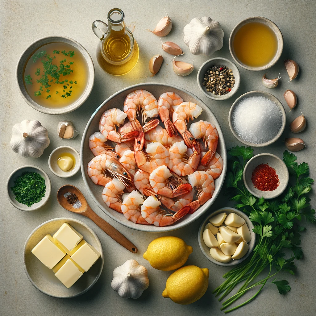 An organized display of all the ingredients required for the recipe, including large shrimp, unsalted butter, garlic cloves, chicken broth, a lemon, fresh parsley, and optional red pepper flakes, arranged neatly on a kitchen counter for a visual preparation guide.