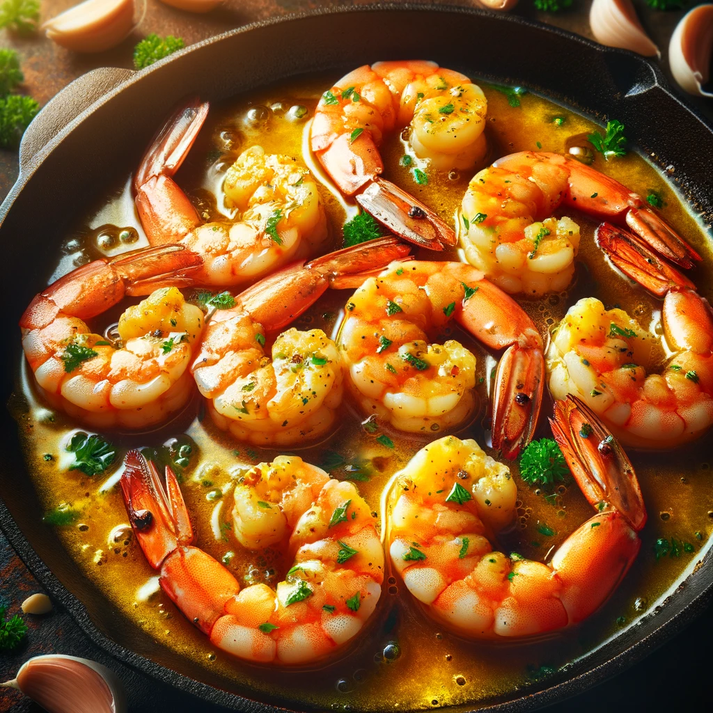 A vibrant and appetizing image showcasing the Sizzling Garlic Butter Shrimp served in a skillet, highlighting the succulent shrimp coated in a golden, buttery garlic sauce, garnished with freshly chopped parsley.