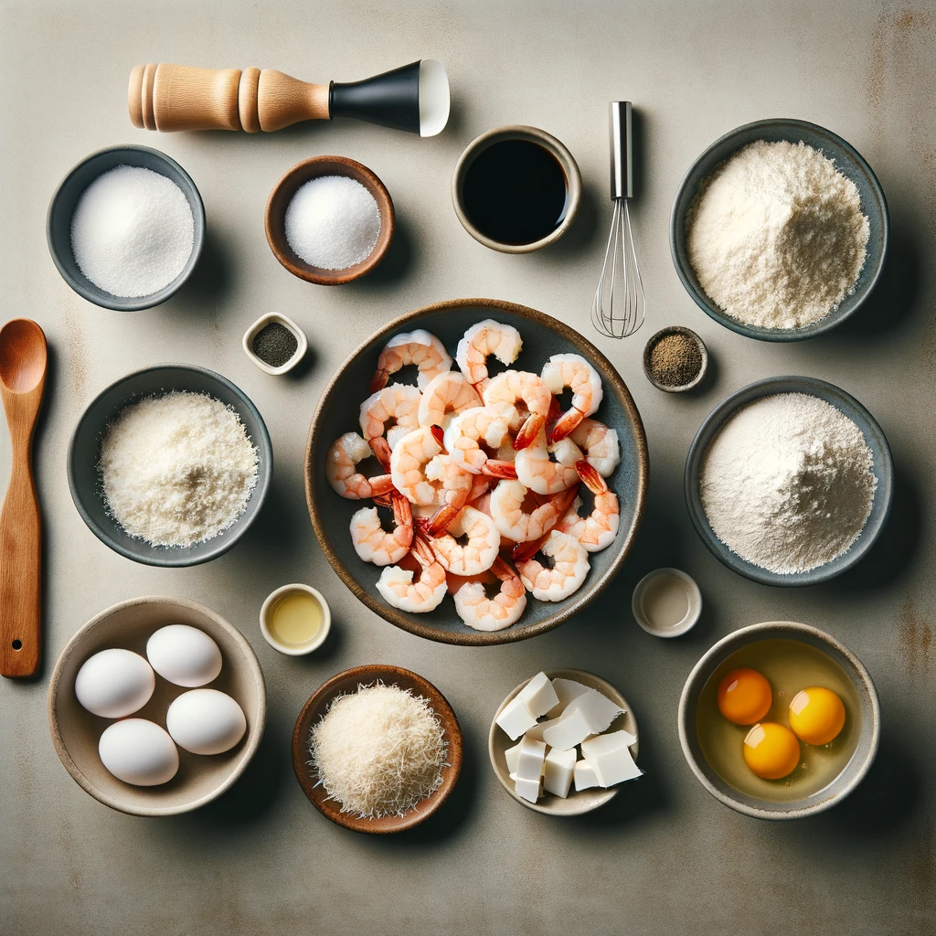 All the ingredients laid out before cooking, including shrimp, flour, panko breadcrumbs, unsweetened coconut, eggs, salt, black pepper, and cooking spray, are displayed on a kitchen countertop, highlighting the freshness and simplicity of the ingredients.