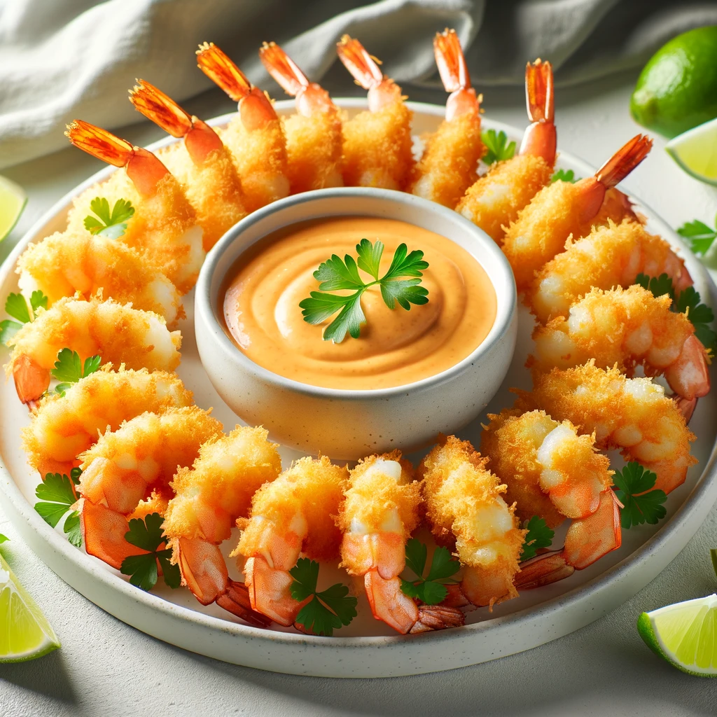 The finished dish showcases golden brown, crispy coconut-coated shrimp arranged around a bowl of tangy orange dipping sauce, garnished with lime slices and parsley.